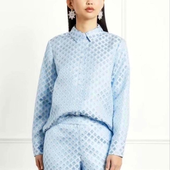 Hill House Tops - Hill House New The James Shirt Snowflake Brocade Metallic Blue Blouse SZ Small